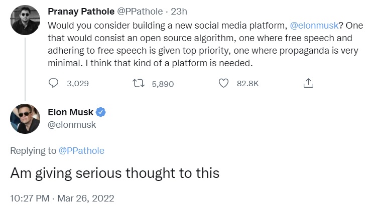Elon Musk Giving 'Serious Thought' to Building Social Media Platform With Free Speech as Top Priority