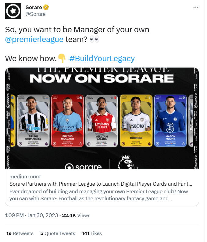 Sorare Partners With The Premier League For a Fantasy Football Game